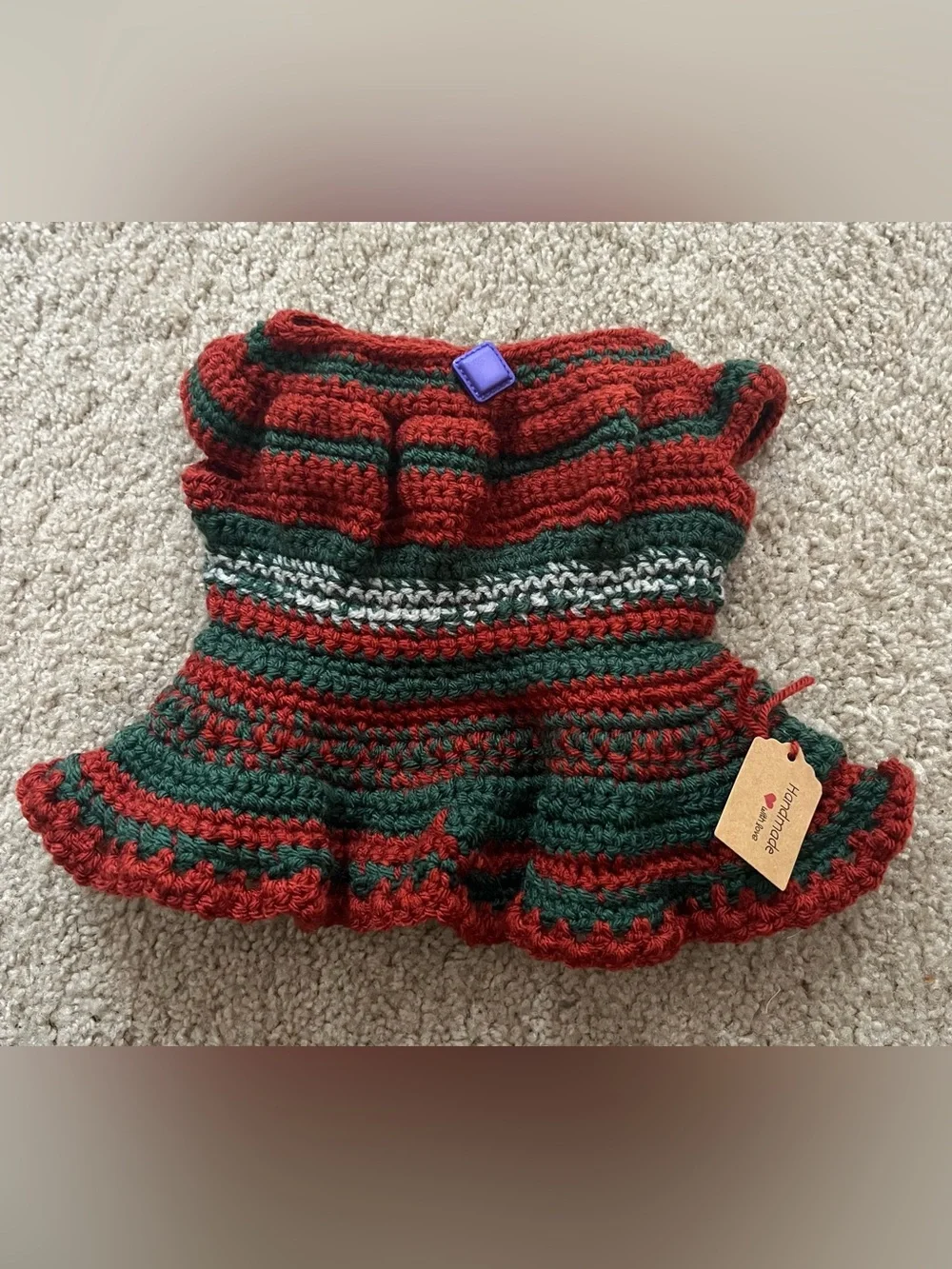 Hand-Crocheted Red & Green Doll Dress – Handmade Doll Outfit Size 10”